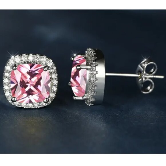 Elegant 1.3 Carat Princess Cut Pink Lab Created Cubic Zirconia Stud Earrings - Picture 2 of 4